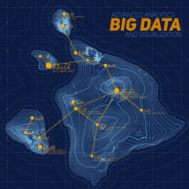 Vector gratuito visualización de big data del terreno. infografía de mapa futurista. visualización gráfica de datos topográficos complejos. datos abstractos sobre gráfico de elevación. imagen colorida de datos geográficos.