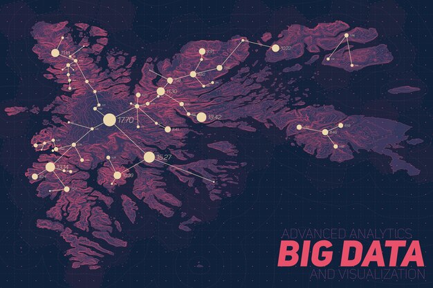 Visualización de big data del terreno. Infografía de mapa futurista. Visualización gráfica de datos topográficos complejos. Datos abstractos sobre gráfico de elevación. Imagen colorida de datos geográficos.