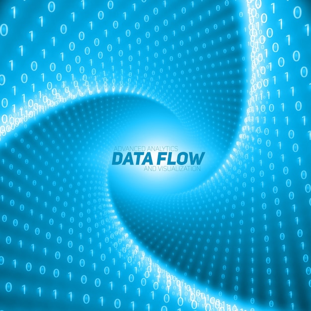 Visualización de flujo de datos vectoriales. Flujo azul de big data como cadenas de números binarios retorcidas en un túnel. Representación del código de información. Análisis criptográfico.