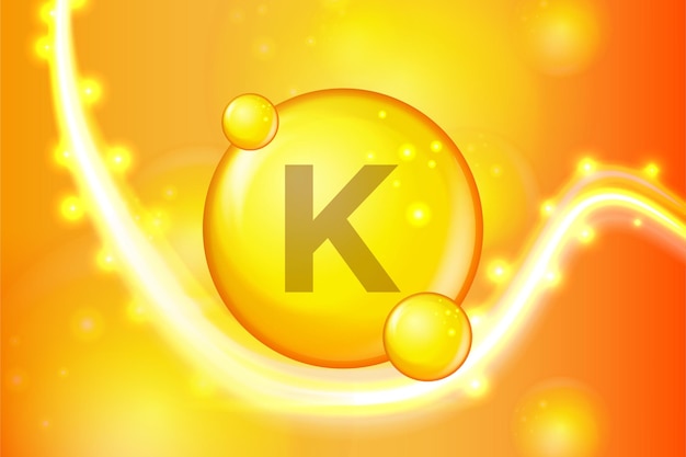 Vitamina k oro brillante píldora cápsula icono complejo vitamínico con fórmula química brillo oro destellos anuncios médicos y farmacéuticos ilustración vectorial