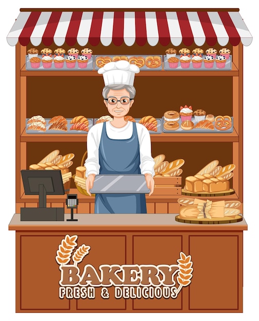 Vector gratuito vitrina de panadería con pan y productos de pastelería