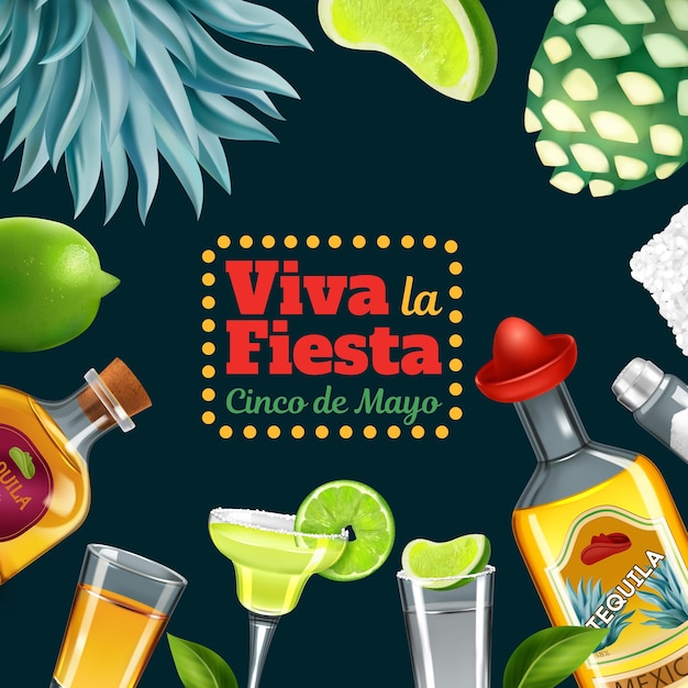 Vector gratuito viva fiesta fondo negro decorado con un marco realista que consta de botellas y copas de vino con bebidas de tequila ilustración vectorial