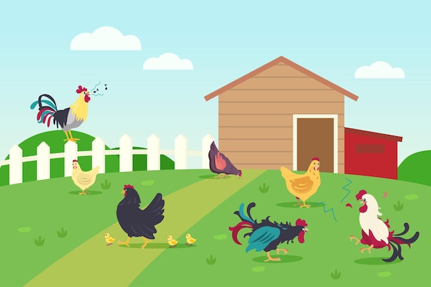 Vector gratuito vivo de gallinas y gallos en campo