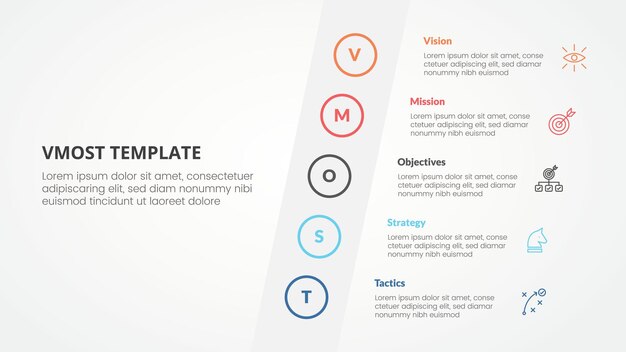 Vmost análisis plantilla infográfica concepto para presentación de diapositivas con inclinación hacia los lados contenido vertical con lista de 5 puntos con vector de estilo plano