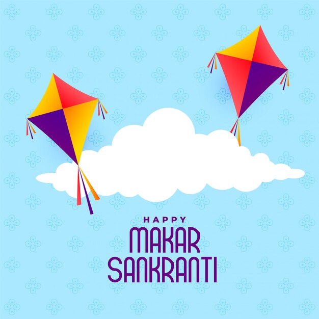 Volando cometas y tarjeta de festival de makar sankranti en la nube