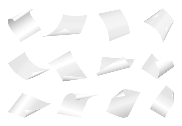 Volando hojas de papel en blanco con esquina curva.