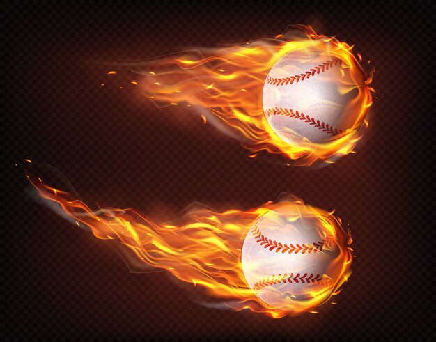 Volando en vector realista de pelotas de béisbol de llamas