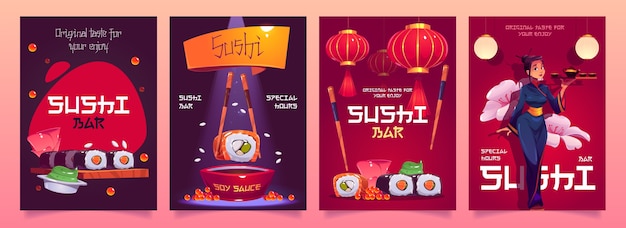 Vector gratuito volantes de barra de sushi con comida japonesa, linternas rojas asiáticas y camarera en kimono. conjunto de dibujos animados de carteles publicitarios para cafetería o restaurante con panecillos, arroz y mariscos