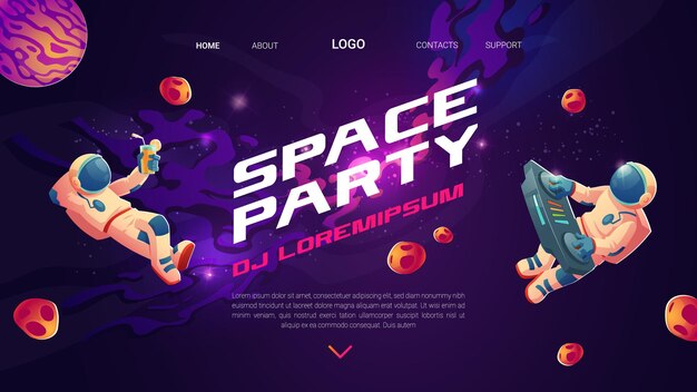 Volantes de dibujos animados de fiesta espacial, invitación al espectáculo musical con astronauta dj con tocadiscos en espacio abierto