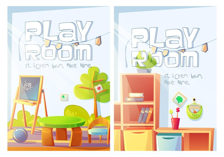 Vector gratuito volantes de sala de juegos con interior de jardín de infantes o guardería. carteles de vector de sala de guardería con ilustración de dibujos animados de juguetes y muebles para niños, pizarra para dibujo infantil y estantería