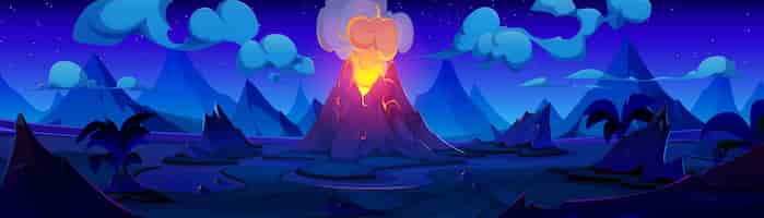 Vector gratuito el volcán entra en erupción con lava brillante y humo por la noche