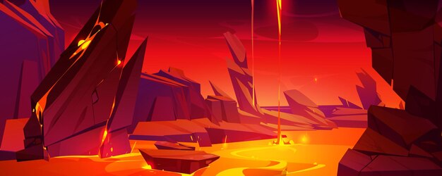 Volcán lava infierno roca cueva vista fantasía juego dibujos animados fondo misterioso y peligroso que fluye fundido magma caliente nivel aventura diseño Grieta en el suelo con fuego líquido río flujo superficie del terreno