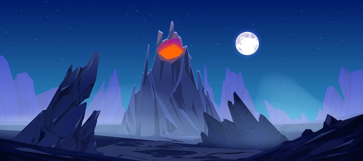 Vector gratuito volcán de paisaje nocturno con magma rojo brillante