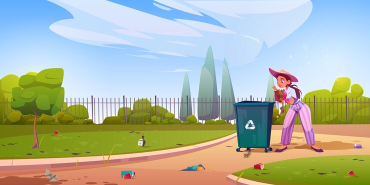 Vector gratuito voluntario limpia la niña del parque de la ciudad recoge basura en el jardín público y la pone en un contenedor de reciclaje área urbana contaminada con desechos en el camino del suelo y césped verde ilustración vectorial de dibujos animados