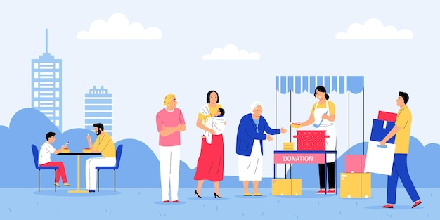 Voluntarios de donación de alimentos benéficos que alimentan a personas pobres y mayores con ilustración vectorial plana de sopa