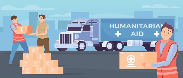 Voluntarios entregando ayuda humanitaria a personas necesitadas ilustraciones vectoriales planas