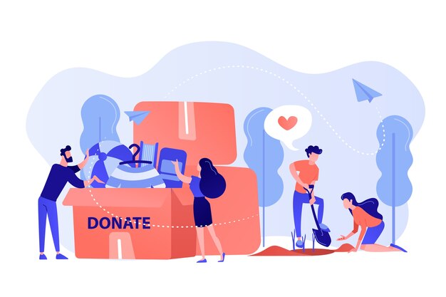 A los voluntarios les gusta ayudar, plantar semillas y donar ropa y juguetes en una caja. Voluntariado, servicios voluntarios, concepto de actividad laboral altruista. Ilustración aislada de bluevector coral rosado