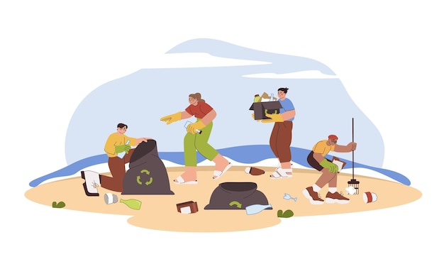Voluntarios planos con bolsas de basura recogen basura en la playa del mar