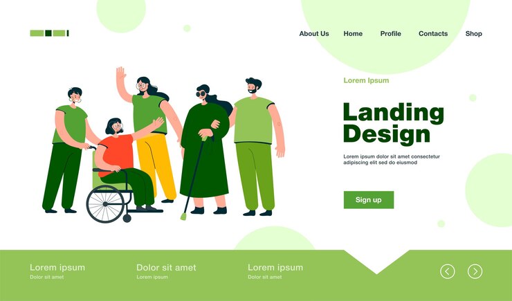 Vector gratuito voluntarios sonrientes que ayudan a personas con discapacidad a la página de inicio en estilo plano
