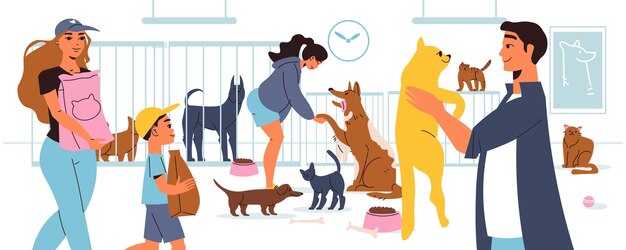 Voluntarios visitando refugios para mascotas alimentando y jugando con gatos y perros ilustración vectorial plana