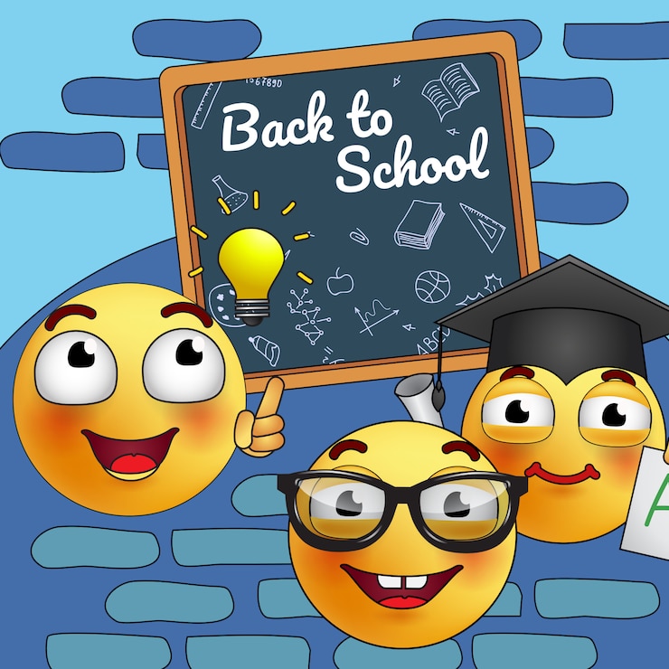 Vector gratuito volver al diseño del cartel de la escuela. dibujos animados estudiando emoticonos