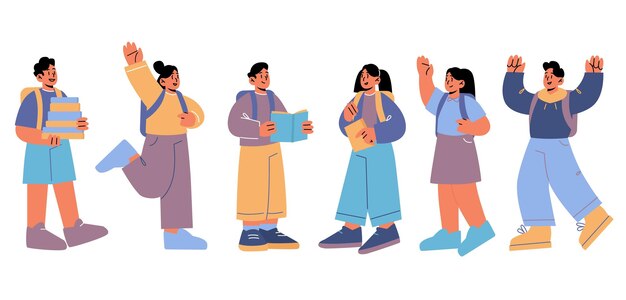 Volver a la escuela niños estudiantes con mochilas y libros de texto se paran en fila niños y niñas alumnos leyendo libros educación aprendiendo y estudiando concepto con grupo de niños Ilustración de vector de arte de línea
