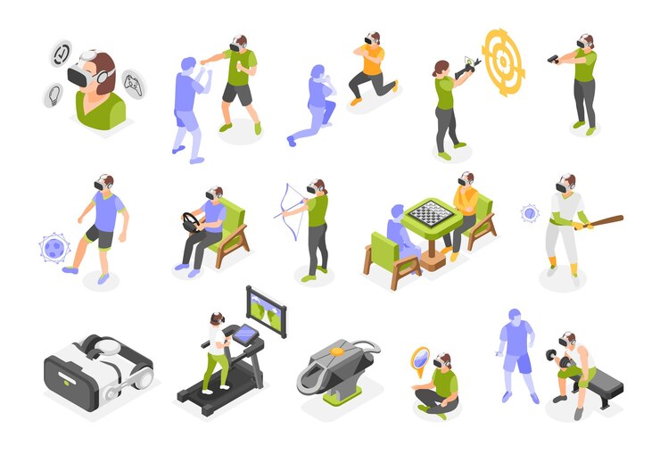Vector gratuito vr gamifications deportes y entrenamientos conjunto de iconos isométricos juegos de entrenamiento de lucha libre competiciones con personajes ficticios y objetos ilustración vectorial
