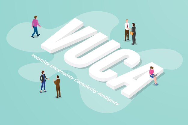 Vuca volatilidad incertidumbre complejidad ambigüedad palabra de texto grande y personas alrededor con estilo isométrico moderno