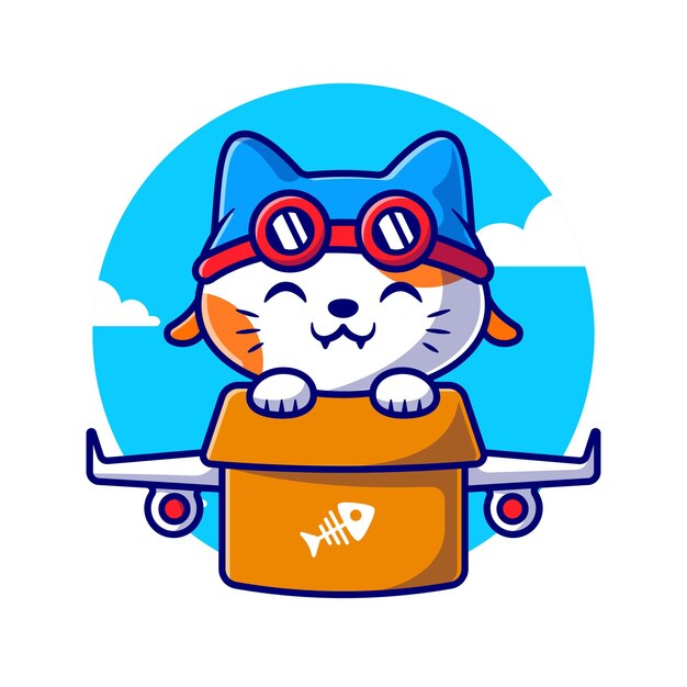 Vuelo de gato lindo con ilustración de icono de Vector de dibujos animados de avión de cartón. Concepto de icono de transporte animal aislado Vector Premium. Estilo de dibujos animados plana