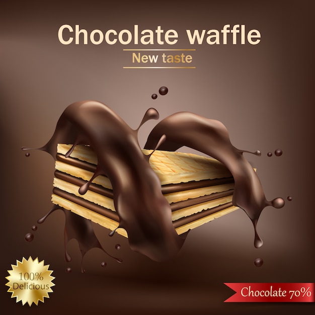 Waffle con relleno de chocolate envuelto en espiral de chocolate derretido