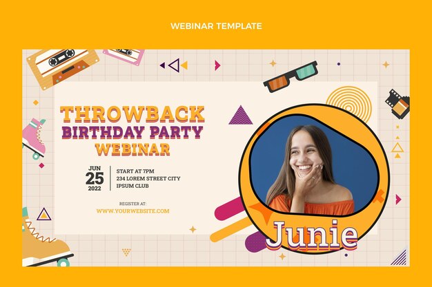 Vector gratuito webinar de cumpleaños nostálgico de diseño plano de los 90