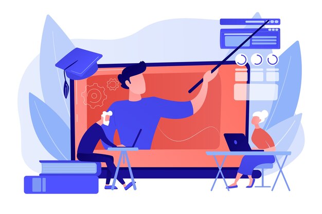 Webinar, lección de Internet. Tutora universitaria a distancia, educadora. Aprendizaje en línea para personas mayores, cursos en línea para personas mayores, concepto de educación adicional. Ilustración aislada de bluevector coral rosado