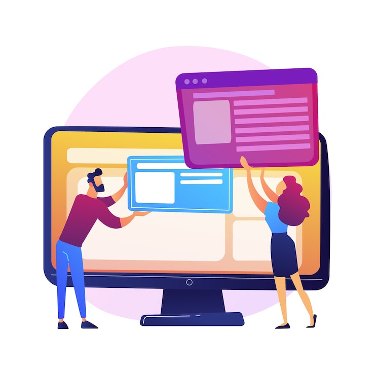 Vector gratuito website interface development planning. devops team flat characters working. ui, ux, content design. computer software creation and web development.  