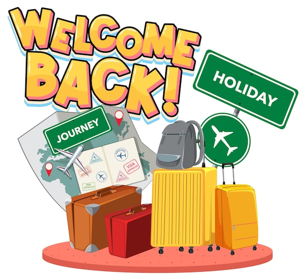 Vector gratuito welcome back tipografía logo objetos de viaje