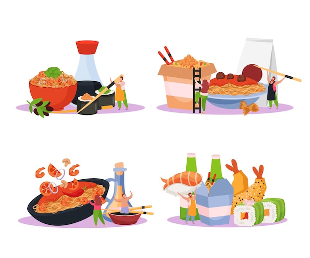 Wok box flat 4x1 conjunto de composiciones aisladas con ilustración de fideos y salsas de sushi de comida rápida japonesa