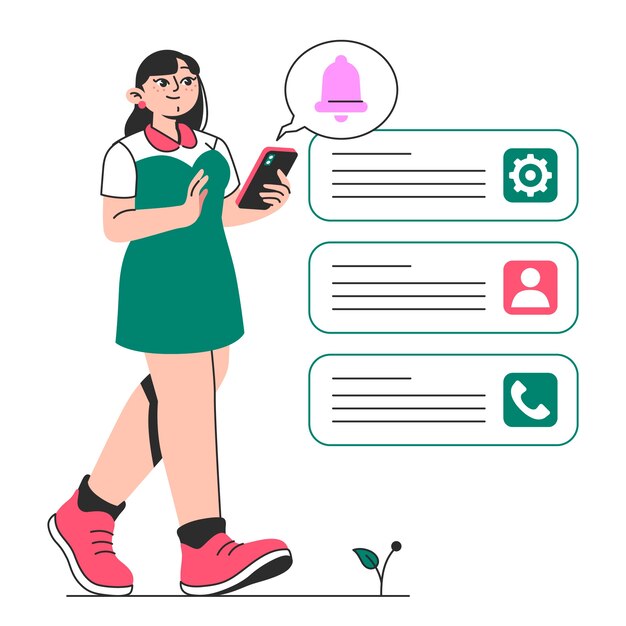 Woman checking notifications on her smartphone concept illustration