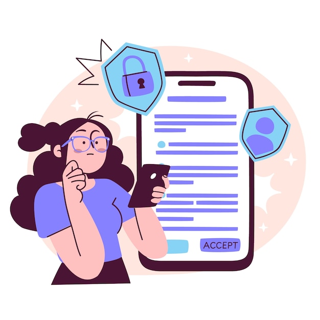 Woman considering mobile app privacy terms concept illustration