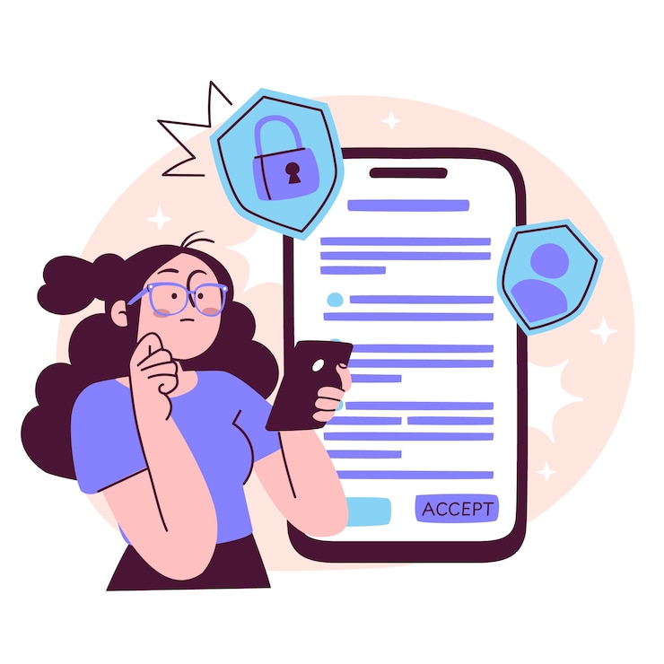 Vector gratuito woman considering mobile app privacy terms concept illustration