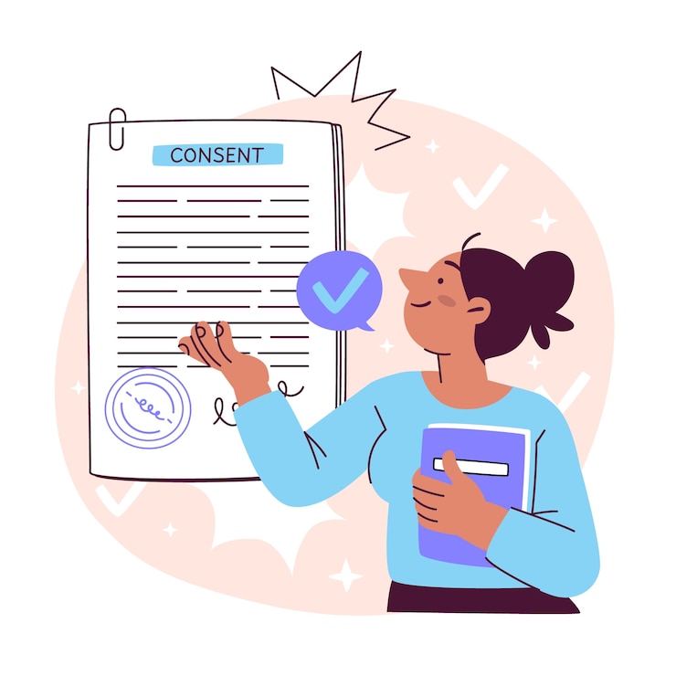 Vector gratuito woman reviewing and consenting to a formal document concept illustration