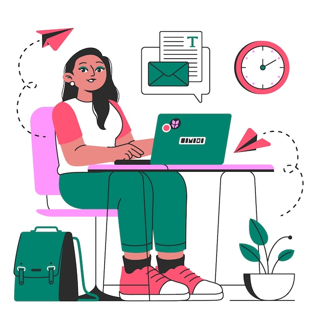 Woman working on laptop at desk with email and paper airplanes concept illustration