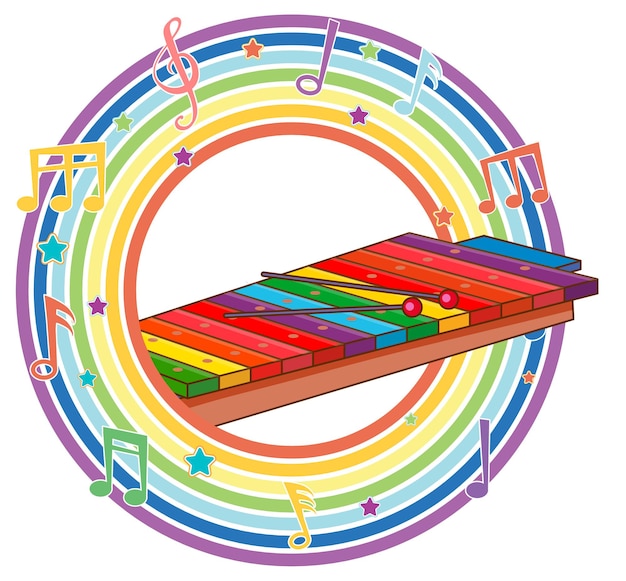 Xilófono en marco redondo arco iris con símbolos de melodía