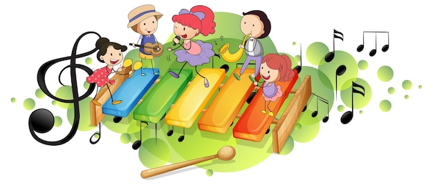 Vector gratuito xilófono con muchos niños felices y símbolos de melodía en mancha verde