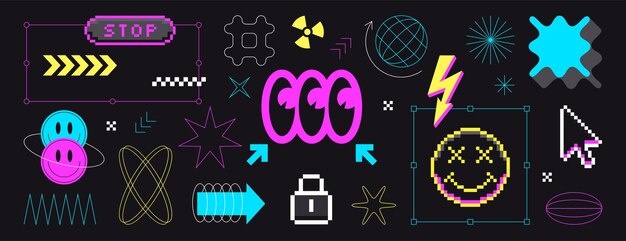Y2K pixel art retro sonríe marco de alambre formas geométricas líneas y brutalismo elementos futuristas