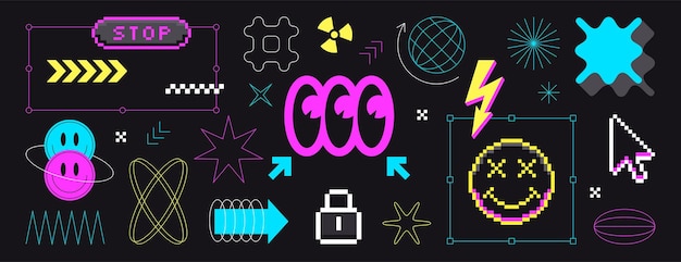 Y2K pixel art retro sonríe marco de alambre formas geométricas líneas y brutalismo elementos futuristas