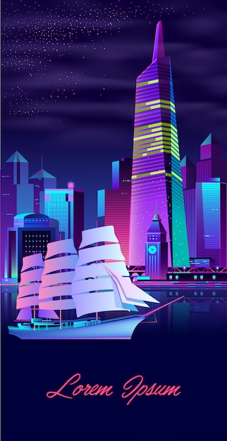 Yate de vela en vector de dibujos animados de ciudad moderna bahía