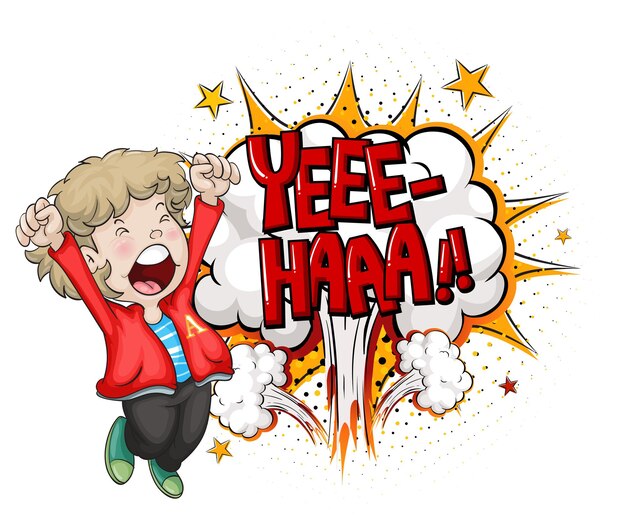 YEEE-HAAA palabra sobre explosión de bomba con un personaje de dibujos animados de niño aislado
