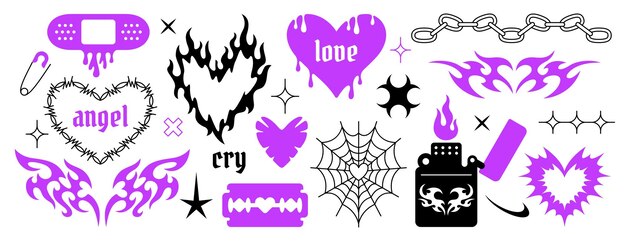 Yk gótico icono de tatuaje conjunto neo pegatinas tribales fuego llama alambre de púas amor corazón mariposa púrpura