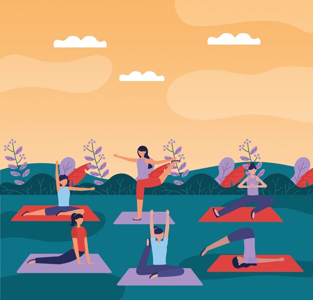 Yoga al aire libre en estilo plano