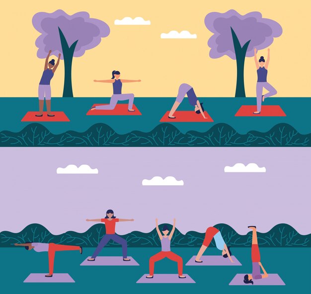 Yoga al aire libre en estilo plano