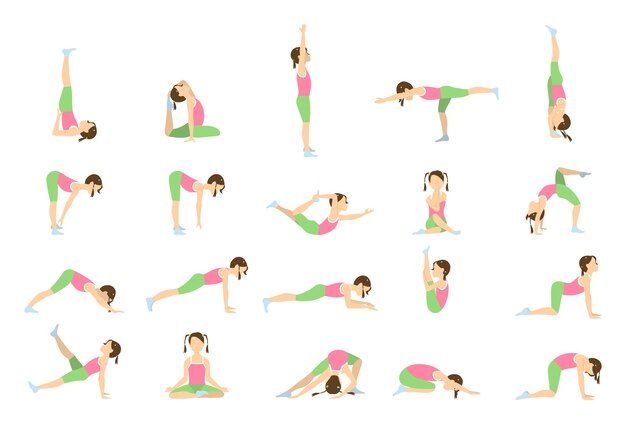Yoga para niños Posturas aisladas y asanas para niños sobre fondo blanco